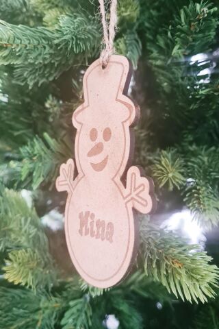 Ahşap İsme Özel Kardan Adam Şekilli Ağaç Süsü İsimli Yılbaşı Çam Ağacı Süsü