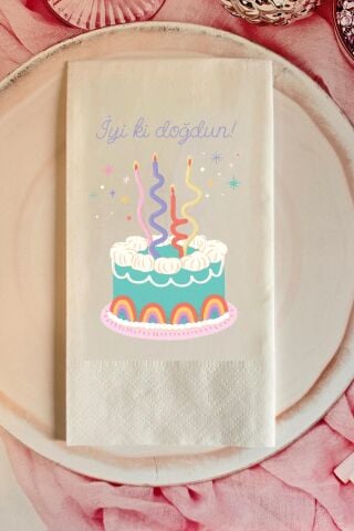 Spiral Mumlu Rengarenk Doğum Günü Pastası Baskılı Doğum Günü Peçetesi 20li