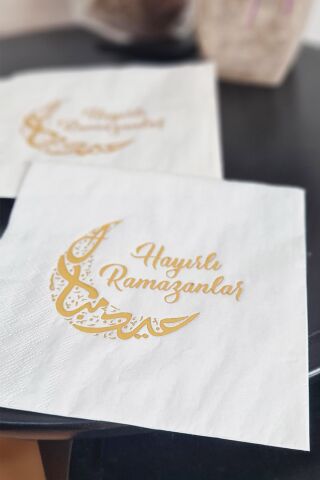Hayırlı Ramazanlar Altın Varak Yaldız Baskılı İftar Sofrası Sunum Peçetesi 16lı Paket Ramazan Süsleri