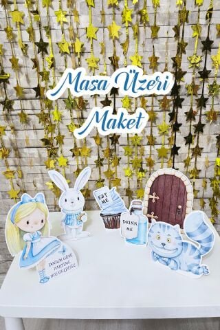 Alice in Wonderland Tema Doğum Günü Ayaklı Pano Seti Alice in Wonderland Doğum Günü Masa Üstü Panolar